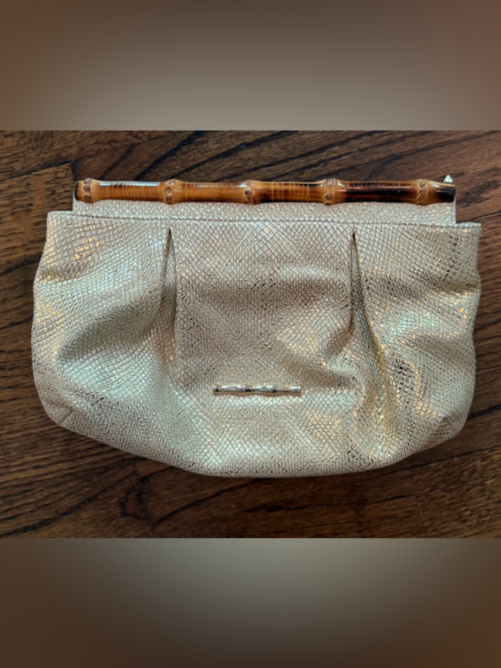 Elegant Metallic Gold Textured Clutch with Bamboo Handle